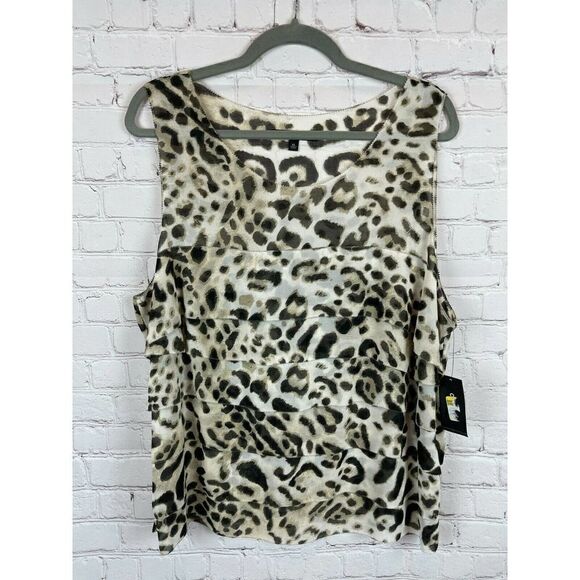 CHAUS animal leopard ruffles brown beige sleeveless top blouse XL NWT - Picture 1 of 9